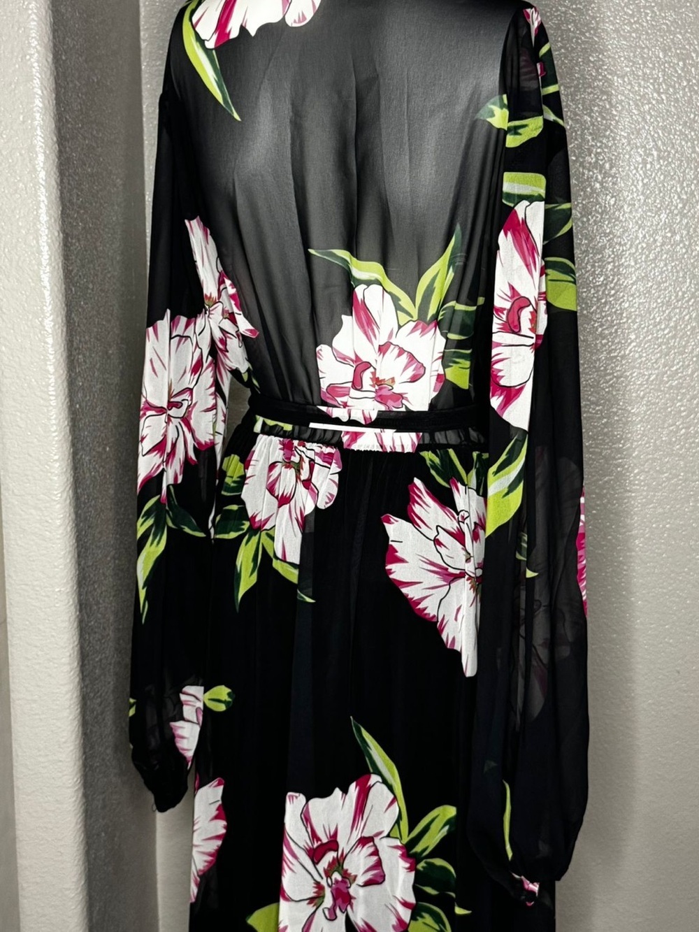 Black Floral Long Sleeve Wrap Dress with Pink & Green Blooms